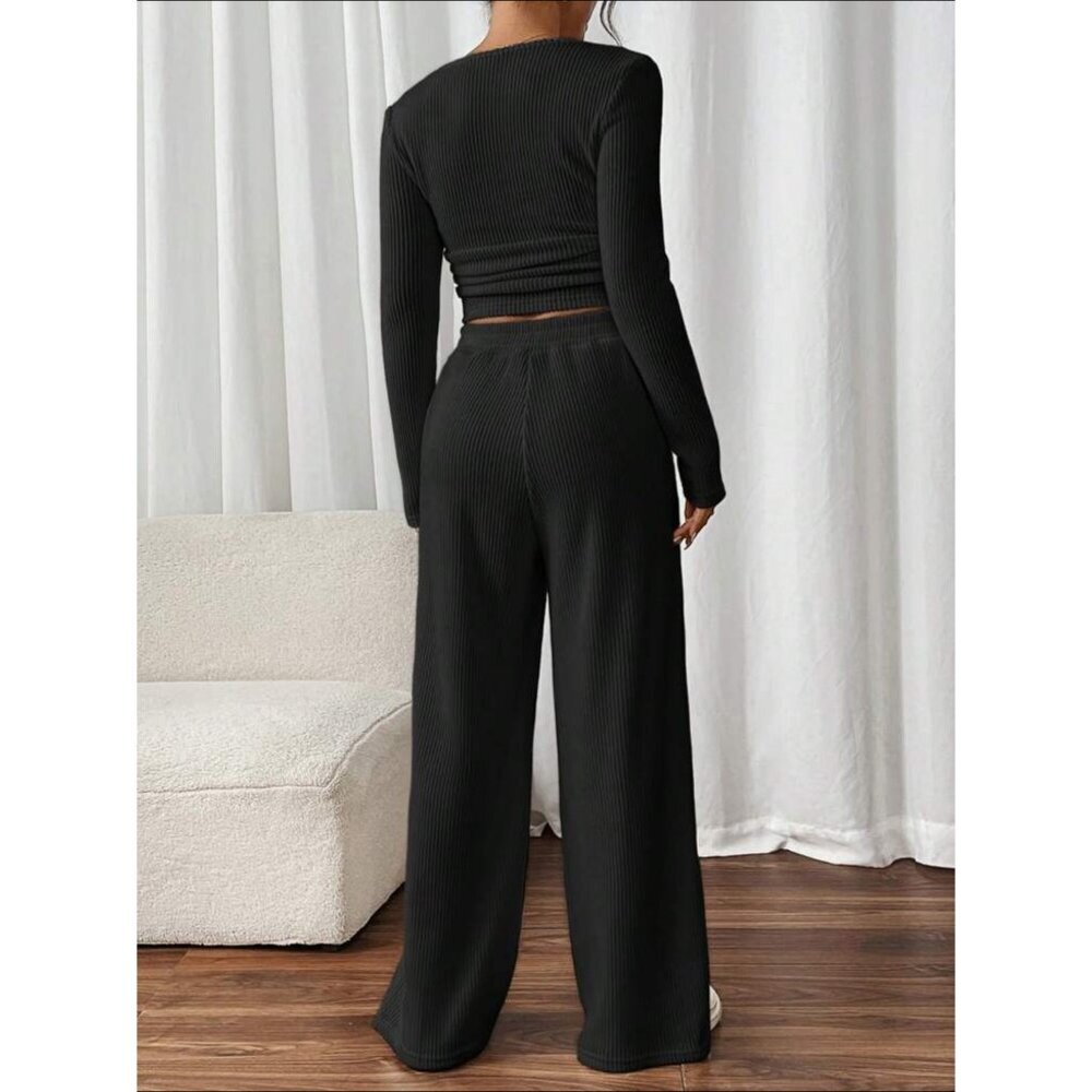 2 piece set: ribbed knit long sleeve tee & elastic waist pants lounge gray - Picture 4 of 9